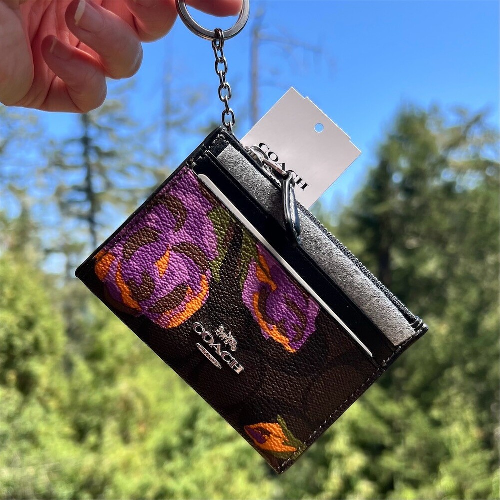 COACH Mini Skinny ID Case Keychain Cardholder Wallet Purple Rose Floral Print